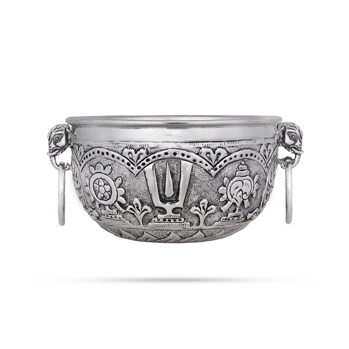 German Silver Flower Pot - 3 x 5 Inches | Antique Polish Uruli/ Shankh Chakra Namam Design Urli for Home - Uruli & Flower Pot