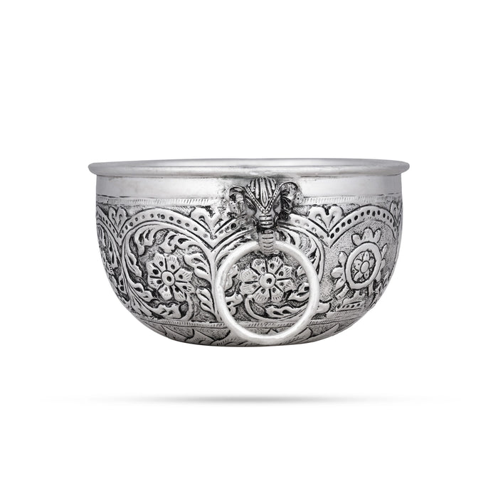 German Silver Flower Pot - 3 x 5 Inches | Antique Polish Uruli/ Shankh Chakra Namam Design Urli for Home - Uruli & Flower Pot