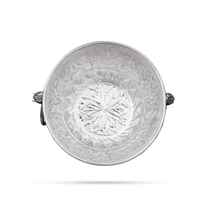 German Silver Flower Pot - 3 x 5 Inches | Antique Polish Uruli/ Shankh Chakra Namam Design Urli for Home - Uruli & Flower Pot