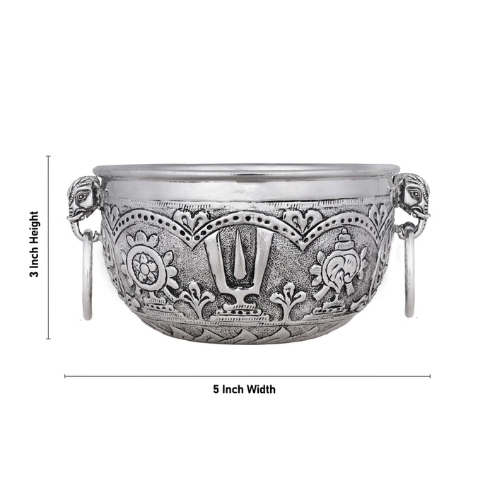 German Silver Flower Pot - 3 x 5 Inches | Antique Polish Uruli/ Shankh Chakra Namam Design Urli for Home - Uruli & Flower Pot