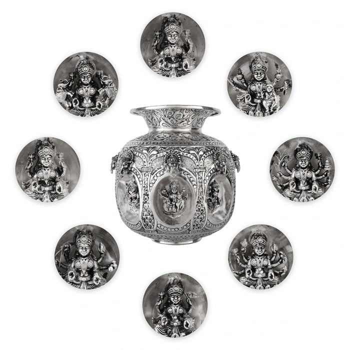 Ashtalakshmi Design Kalasa Kudam - 8.25 x 6.5 Inches | German Silver Handi/ Antique Polish Ghada for Pooja Decor - Kalash & Pooja Lota