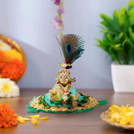 Crawling Krishna With Decoration - 4 x 3.5 Inches | Krishna Alangaram/ Brass Krishna Idol for Pooja/ 100 Gms - Brass Murties