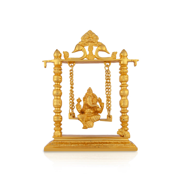Ganesh Murti With Jhula - 10 X 8 Inches | Brass Idol/ Gold Polish Ganpati Murti/ Vinayaka Idol For Worship - Brass Murties