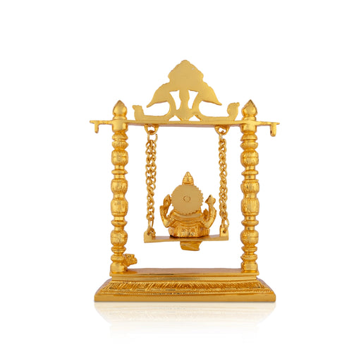 Ganesh Murti With Jhula - 10 X 8 Inches | Brass Idol/ Gold Polish Ganpati Murti/ Vinayaka Idol For Worship - Brass Murties