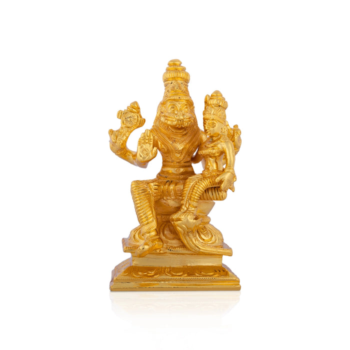 Lakshmi Narasimha Swamy Vigraham Sitting On Base- 4.5 X 2.5 Inches | Brass Idol/Gold Polish Laxmi Narasimha Idol - Brass Murties