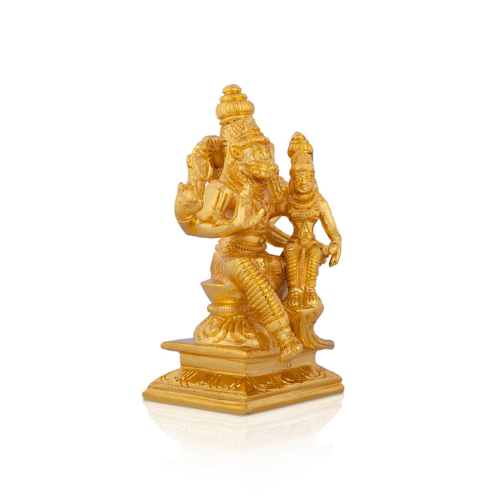 Lakshmi Narasimha Swamy Vigraham Sitting On Base- 4.5 X 2.5 Inches | Brass Idol/Gold Polish Laxmi Narasimha Idol - Brass Murties