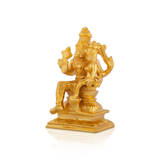 Lakshmi Narasimha Swamy Vigraham Sitting On Base- 4.5 X 2.5 Inches | Brass Idol/Gold Polish Laxmi Narasimha Idol - Brass Murties