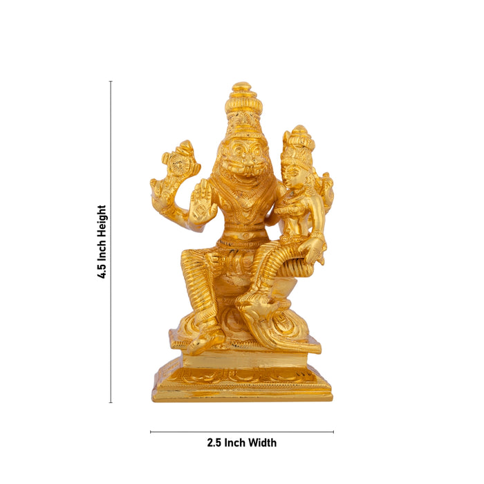 Lakshmi Narasimha Swamy Vigraham Sitting On Base- 4.5 X 2.5 Inches | Brass Idol/Gold Polish Laxmi Narasimha Idol - Brass Murties