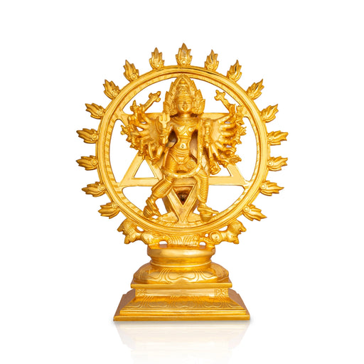 Chakrathazhwar Standing On Base- 13.5 X 10.5 Inches | Brass Idol/ Gold Polish Sudarshana Chakra Idol For Pooja - Brass Murties