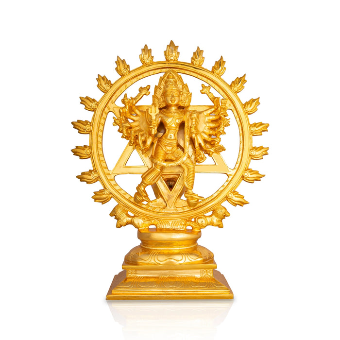 Chakrathazhwar Standing On Base- 13.5 X 10.5 Inches | Brass Idol/ Gold Polish Sudarshana Chakra Idol For Pooja - Brass Murties