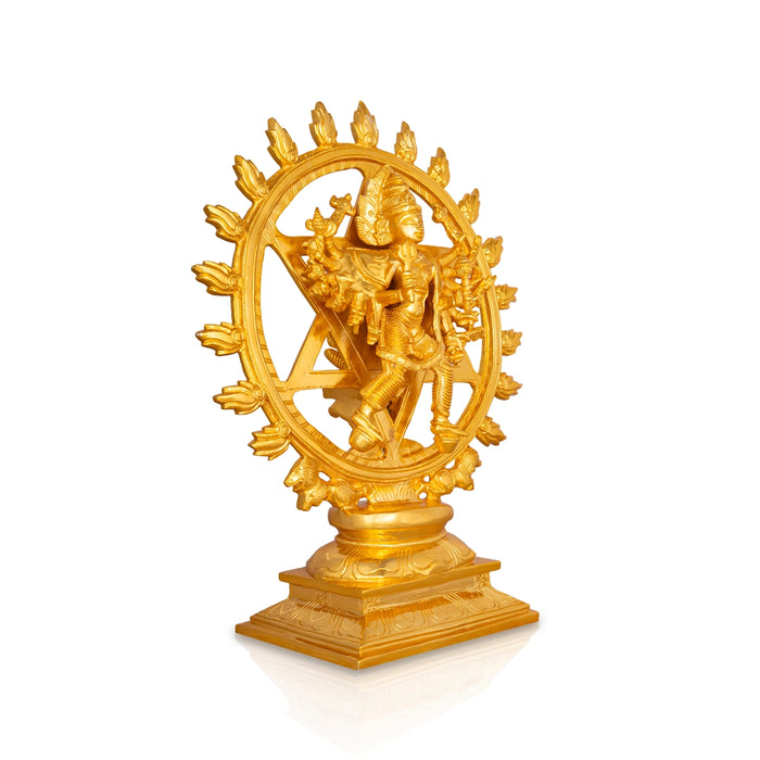 Chakrathazhwar Standing On Base- 13.5 X 10.5 Inches | Brass Idol/ Gold Polish Sudarshana Chakra Idol For Pooja - Brass Murties