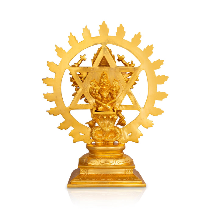 Chakrathazhwar Standing On Base- 13.5 X 10.5 Inches | Brass Idol/ Gold Polish Sudarshana Chakra Idol For Pooja - Brass Murties
