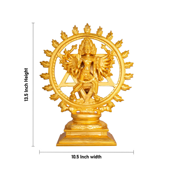 Chakrathazhwar Standing On Base- 13.5 X 10.5 Inches | Brass Idol/ Gold Polish Sudarshana Chakra Idol For Pooja - Brass Murties