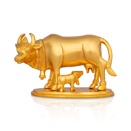 Cow With Calf Idol With Base- 4.5 X 6 Inches | Brass Idol/ Gold Polish Kamdhenu Cow And Calf For Home & Gifting - Table Stand Accessories