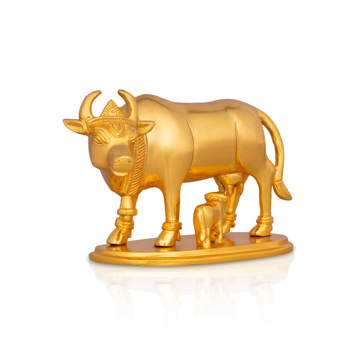 Cow With Calf Idol With Base- 4.5 X 6 Inches | Brass Idol/ Gold Polish Kamdhenu Cow And Calf For Home & Gifting - Table Stand Accessories