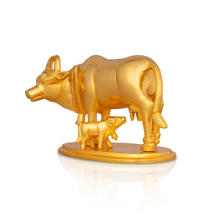 Cow With Calf Idol With Base- 4.5 X 6 Inches | Brass Idol/ Gold Polish Kamdhenu Cow And Calf For Home & Gifting - Table Stand Accessories