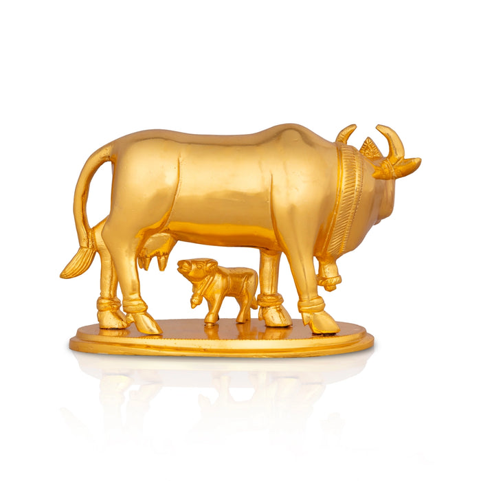 Cow With Calf Idol With Base- 4.5 X 6 Inches | Brass Idol/ Gold Polish Kamdhenu Cow And Calf For Home & Gifting - Table Stand Accessories