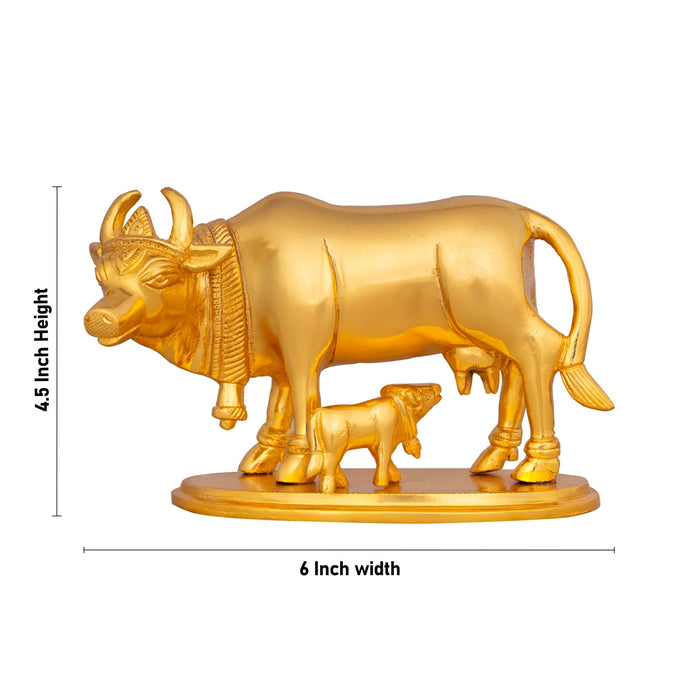 Cow With Calf Idol With Base- 4.5 X 6 Inches | Brass Idol/ Gold Polish Kamdhenu Cow And Calf For Home & Gifting - Table Stand Accessories