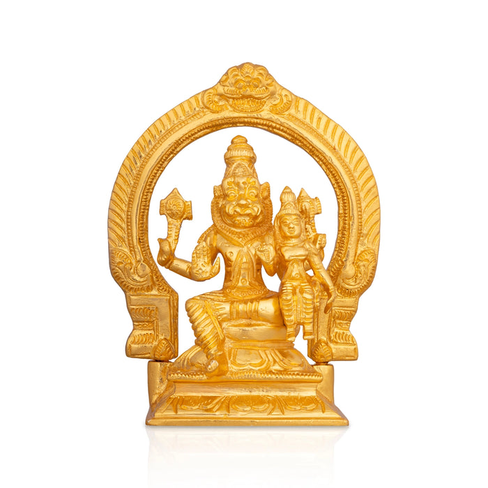 Lakshmi Narasimha Swamy Vigraham Sitting On Base With Arch-6 X 4.5 Inches | Brass &Gold Polish Laxmi Narasimha Idol - Brass Murties
