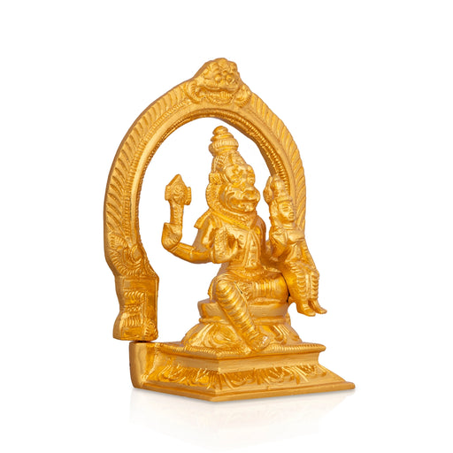 Lakshmi Narasimha Swamy Vigraham Sitting On Base With Arch-6 X 4.5 Inches | Brass &Gold Polish Laxmi Narasimha Idol - Brass Murties