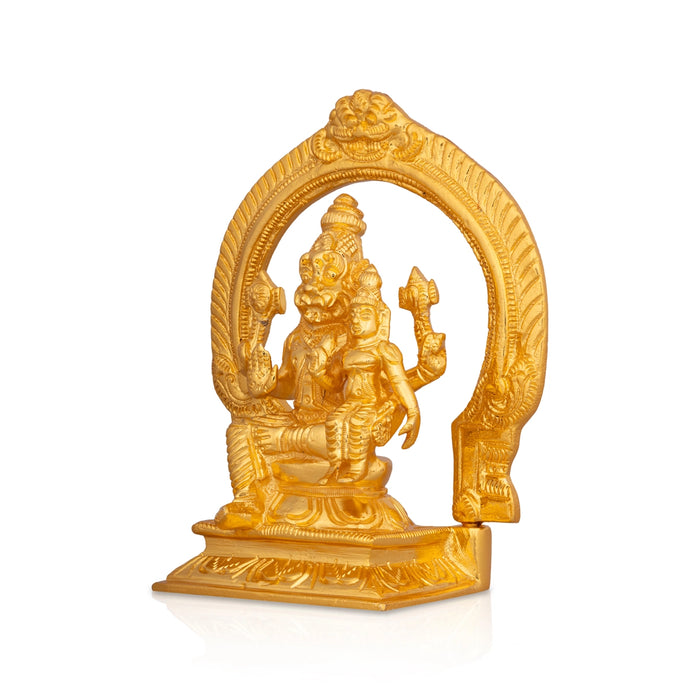 Lakshmi Narasimha Swamy Vigraham Sitting On Base With Arch-6 X 4.5 Inches | Brass &Gold Polish Laxmi Narasimha Idol - Brass Murties