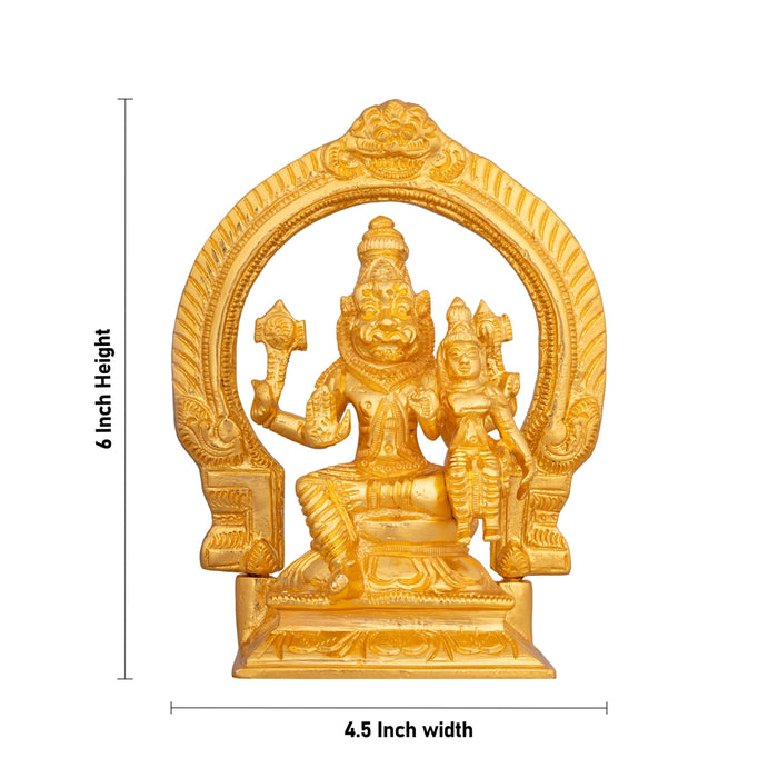 Lakshmi Narasimha Swamy Vigraham Sitting On Base With Arch-6 X 4.5 Inches | Brass &Gold Polish Laxmi Narasimha Idol - Brass Murties