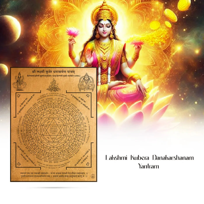 Gold Polish Lakshmi Kubera Dhanakarshana Yantra- 3 x 2.25 Inches | Sanskrit Laxmi Kuber Yantra For Wealth - Maha Meru & Yantra