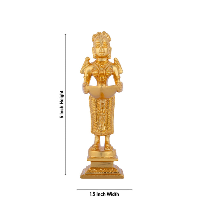 Lady Holding With Brass Lamp - 5 X 1.5 Inches | Brass Deepam/ Gold Polish Standing Deep Lady For Home - Paavai Vilakku / Lady With A Lamp