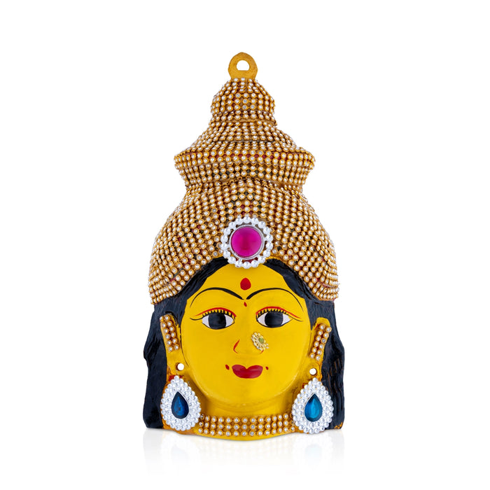 Lakshmi Devi Face - 8 x 4 Inches | Decorative Yellow Amman Mugam/ Zinc Ammavari Face for Varalakshmi Decor