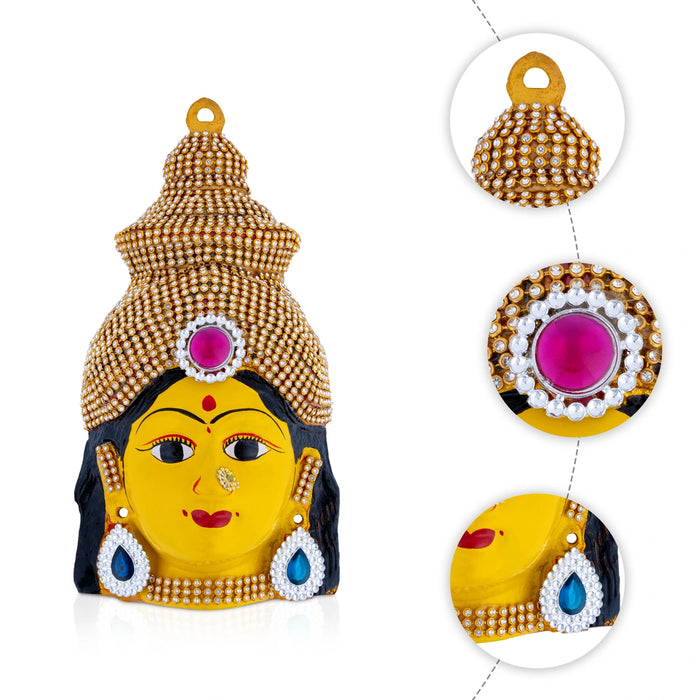 Lakshmi Devi Face - 8 x 4 Inches | Decorative Yellow Amman Mugam/ Zinc Ammavari Face for Varalakshmi Decor