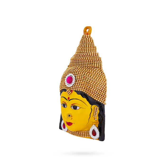 Decorative Lakshmi Devi Face - 8.5 x 5 Inches | Zinc Yellow Amman Face / Ammavari Mugam for Varalakshmi Decor