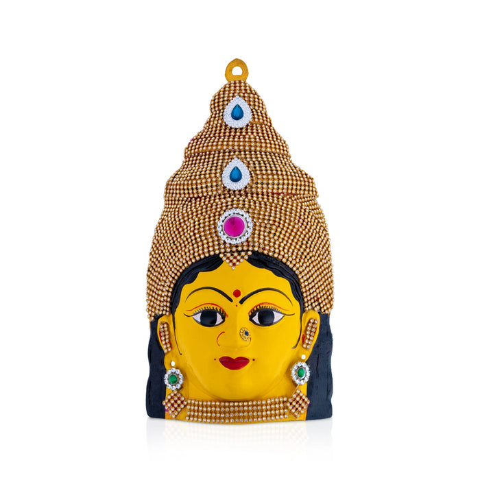 Decorative Lakshmi Devi Face - 11 x 5.5 Inches | Zinc Yellow Amman Face / Ammavari Mugam for Varalakshmi Decor