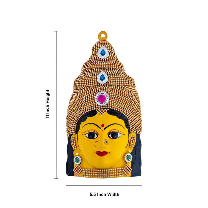 Decorative Lakshmi Devi Face - 11 x 5.5 Inches | Zinc Yellow Amman Face / Ammavari Mugam for Varalakshmi Decor
