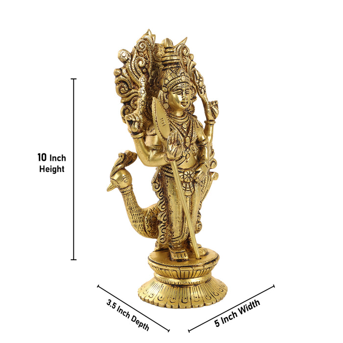 Murugan Statue  - 10 x 5  Inches |  Antique Brass Statue/ Murugan with Peacock Idol/ Murugan Silai for Pooja - Brass Murties