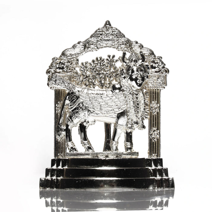 Kamadhenu Statue with Arch - 4 x 3.25 Inches | White Metal Statue/ Kamadhenu Idol for Pooja/ 110 Gms Approx