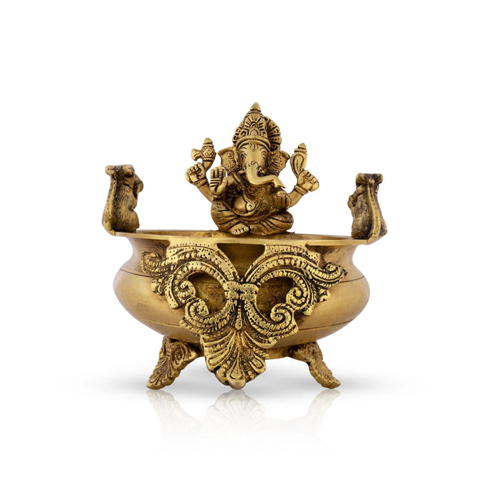 Flower Pot - 7 x 6 Inches | Uruli With Ganesh Murti/ Antique Brass Urli for Home Decor - Uruli & Flower Pot