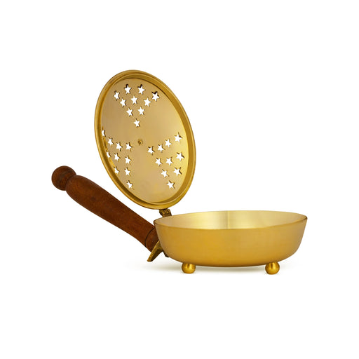 Sambrani Burner With Wooden Handle - 2 x 12 Inches | Brass Dhoop Dhani/ Dhoopakal/ Dhup Dhani for Pooja - Sambrani Stand