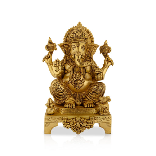 Ganesh Murti Sitting On Chowki - 11 X 8 Inches | Antique Brass Idol/ Vinayaka Idol For Pooja And Worship - Brass Murties