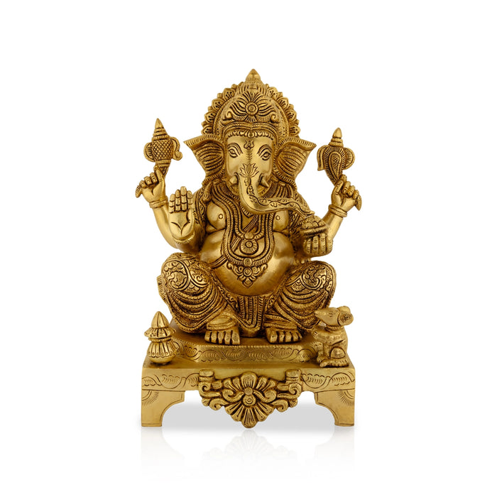 Ganesh Murti Sitting On Chowki - 11 X 8 Inches | Antique Brass Idol/ Vinayaka Idol For Pooja And Worship - Brass Murties