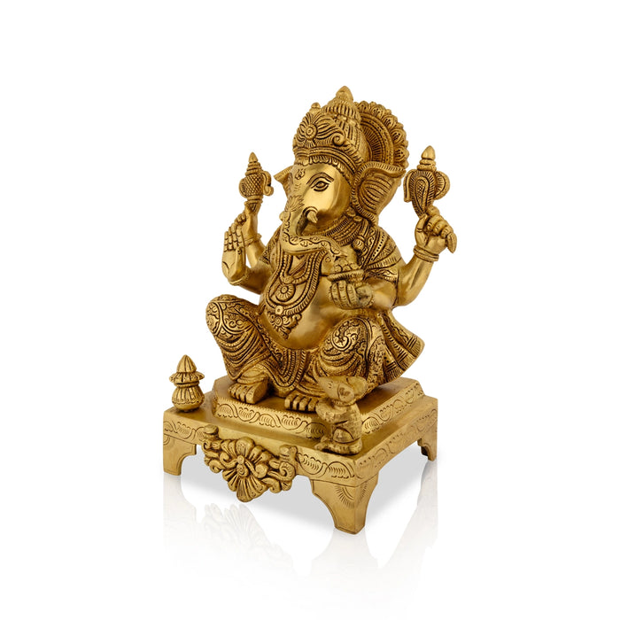 Ganesh Murti Sitting On Chowki - 11 X 8 Inches | Antique Brass Idol/ Vinayaka Idol For Pooja And Worship - Brass Murties