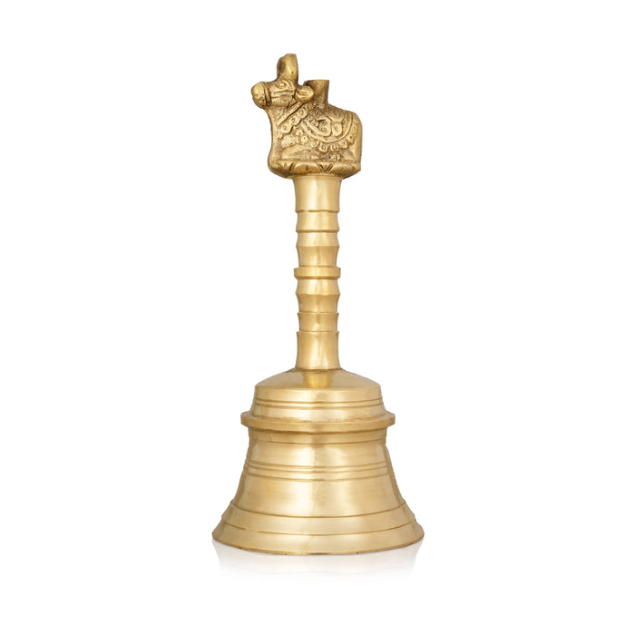 Brass Hand Bell - 7 x 3 Inches | Brass Bell/ Nandi Design Pooja Bell for Home/ 600 Gms Approx - Pooja Bells