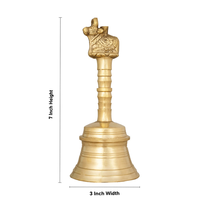 Brass Hand Bell - 7 x 3 Inches | Brass Bell/ Nandi Design Pooja Bell for Home/ 600 Gms Approx - Pooja Bells