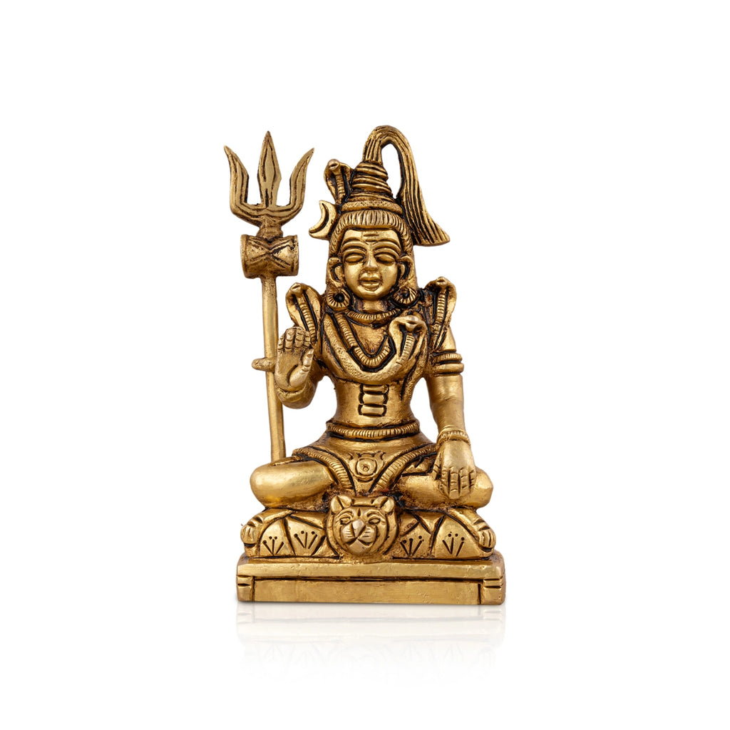 Shiva Statue With Base - 4.5 x 2.5 Inches | Antique Brass Idol/ Sitting Shiv Murti for Pooja/ 495 Gms Approx