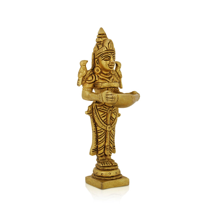 Lady Holding With Brass Lamp - 5 x 1.75 Inches | Brass Deepam/ Antique Polish And Standing Deep Lady for Home - Paavai Vilakku / Lady With A Lamp