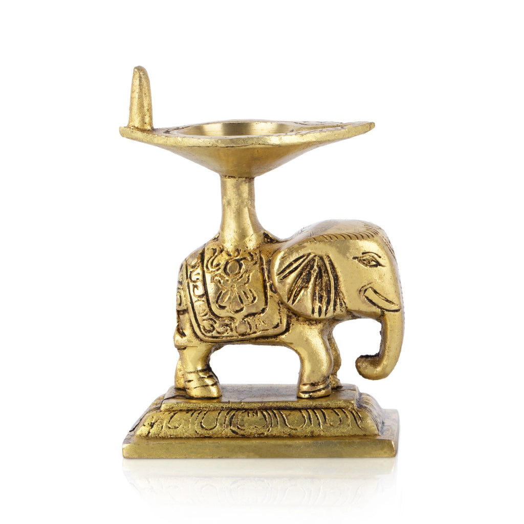 Brass Lamp With Elephant - 3.5 x 3 Inches | Antique Polish Vilakku/ Deepam for Pooja/ 320 Gms Approx