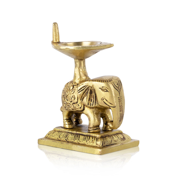 Brass Lamp With Elephant - 3.5 x 3 Inches | Antique Polish Vilakku/ Deepam for Pooja/ 320 Gms Approx