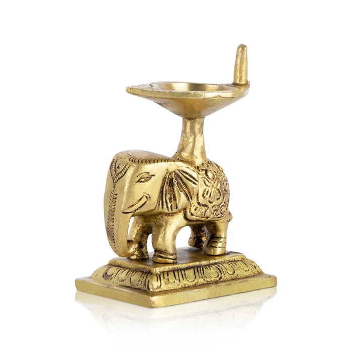 Brass Lamp With Elephant - 3.5 x 3 Inches | Antique Polish Vilakku/ Deepam for Pooja/ 320 Gms Approx