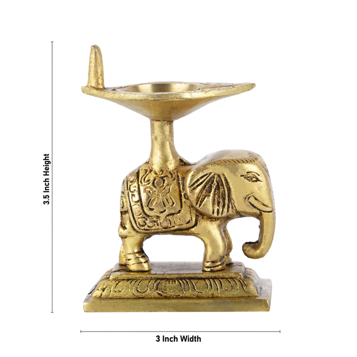 Brass Lamp With Elephant - 3.5 x 3 Inches | Antique Polish Vilakku/ Deepam for Pooja/ 320 Gms Approx