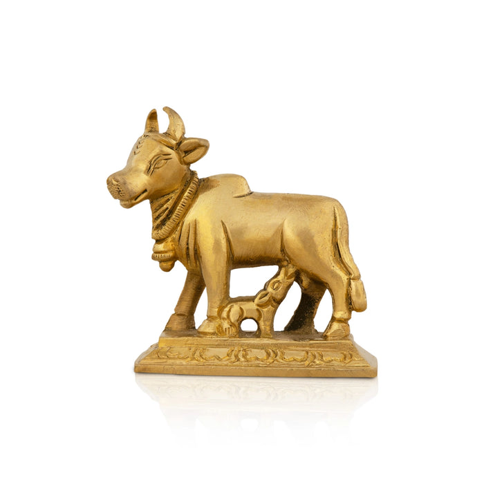Cow With Calf Idol With Base - 2.5 x 2.25 Inches | Antique Brass Idol/ Cow And Calf Statue for Pooja/ 210 Gms - Table Stand Accessories