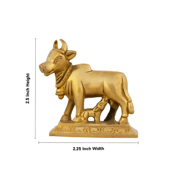 Cow With Calf Idol With Base - 2.5 x 2.25 Inches | Antique Brass Idol/ Cow And Calf Statue for Pooja/ 210 Gms - Table Stand Accessories